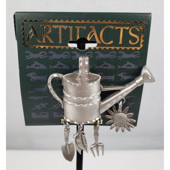 Vintage  JJ Jonette Pewter Watering Can Dangle Flower Fork Shovel Veggie Brooch - Picture 1 of 7